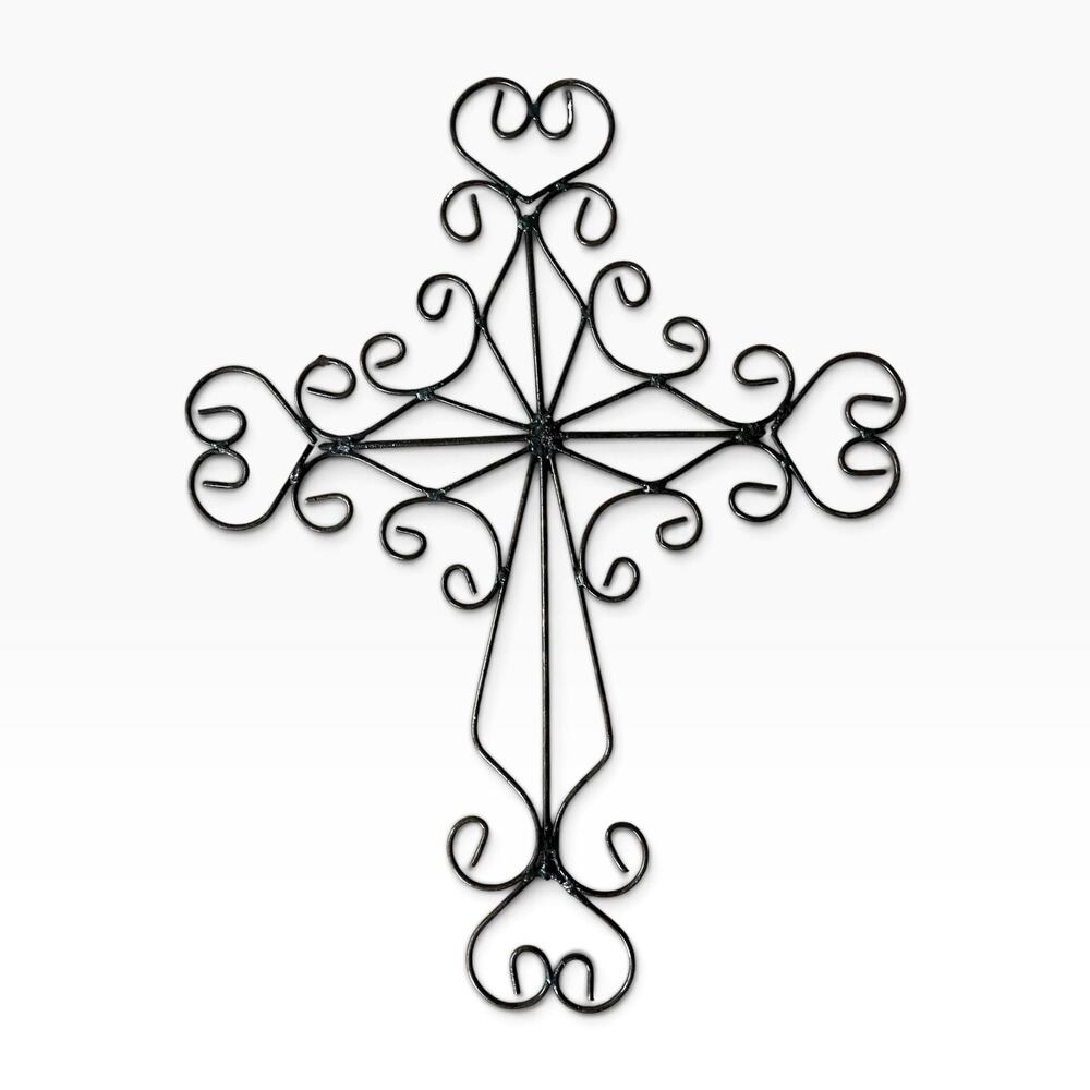 Large Wrought Iron Metal Scroll Cross Sculpture Wall Hanging 28 1/4” Dark Brown